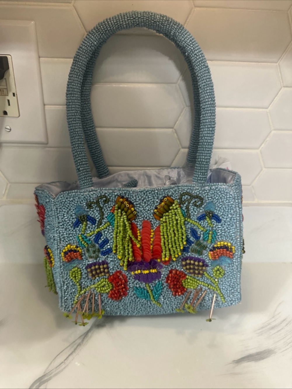 Beaded Floral Embroidered Light Blue Tote Bag